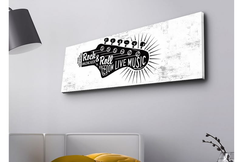 Lerretsbilde med LED-belysning - Gitar med tekst som hyller rockemusikk og frihet, Svart / Hvit