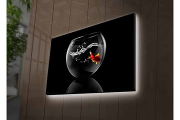 Lerretsbilde med LED-belysning - Gullfisk som svømmer i en glassbeholder med vannsprut - Svart / Rød / Gjennomsiktig - Interiør - Maleri & posters - Lerretsbilder