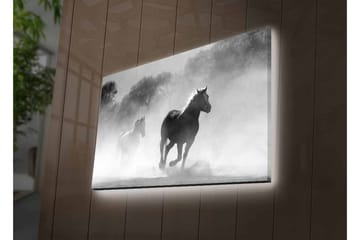 Lerretsbilde med LED-belysning - Hester galopperer gjennom tåke - Svart / Hvit / Grå - Interiør - Maleri & posters - Lerretsbilder