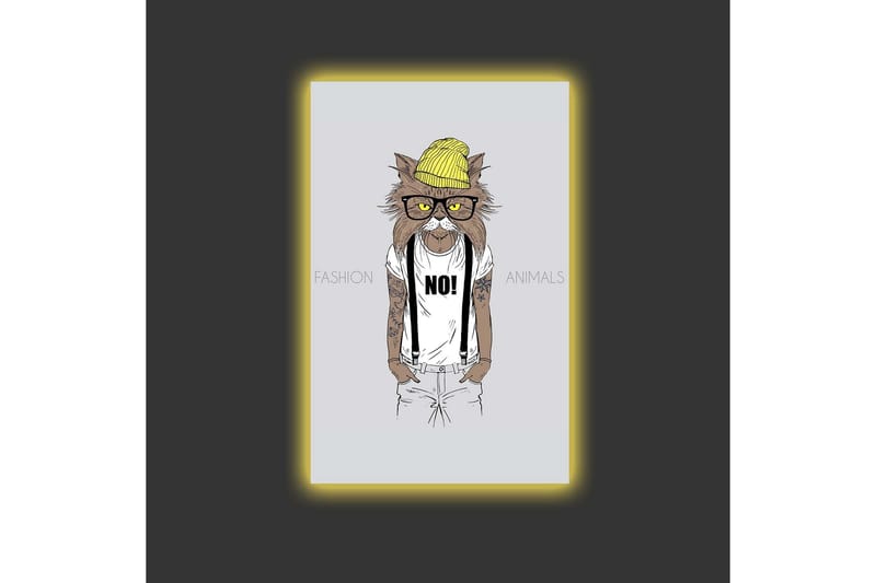 Lerretsbilde med LED-belysning - Hipster-stil katt i klær og briller - Gul / Brun / Hvit - Interiør - Maleri & posters - Lerretsbilder