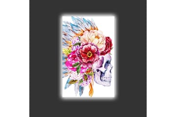 Lerretsbilde med LED-belysning - Hodeskalle dekorert med fargerike blomster og fjær - Lilla / Rosa / Grønn - Interiør - Maleri & posters - Lerretsbilder
