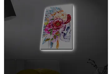 Lerretsbilde med LED-belysning - Hodeskalle dekorert med fargerike blomster og fjær - Lilla / Rosa / Grønn - Interiør - Maleri & posters - Lerretsbilder