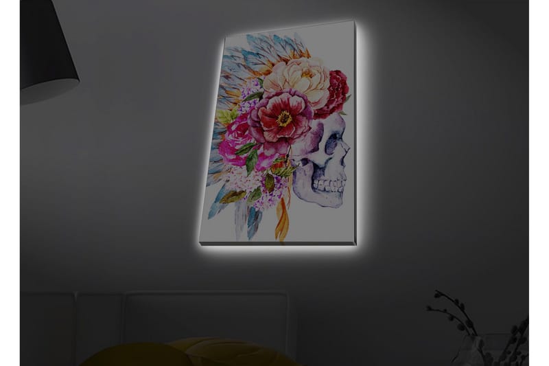 Lerretsbilde med LED-belysning - Hodeskalle dekorert med fargerike blomster og fjær - Lilla / Rosa / Grønn - Interiør - Maleri & posters - Lerretsbilder