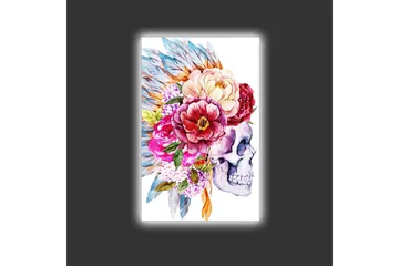Lerretsbilde med LED-belysning - Hodeskalle dekorert med fargerike blomster og fjær - Lilla / Rosa / Grønn - Interiør - Maleri & posters - Lerretsbilder