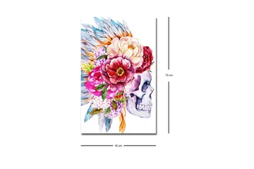 Lerretsbilde med LED-belysning - Hodeskalle dekorert med fargerike blomster og fjær - Lilla / Rosa / Grønn - Interiør - Maleri & posters - Lerretsbilder