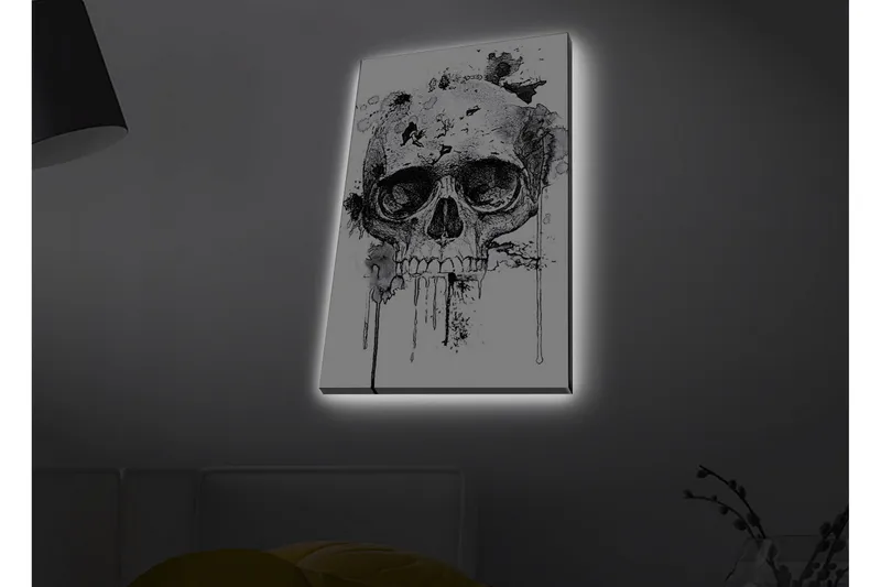 Lerretsbilde med LED-belysning - Hodeskalle med abstrakte blekkdetaljer - Svart / Grå - Interiør - Maleri & posters - Lerretsbilder