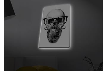 Lerretsbilde med LED-belysning - Hodeskalle med briller og bart - Svart / Grå / Hvit - Interiør - Maleri & posters - Lerretsbilder