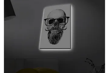 Lerretsbilde med LED-belysning - Hodeskalle med briller og bart - Svart / Grå / Hvit - Interiør - Maleri & posters - Lerretsbilder