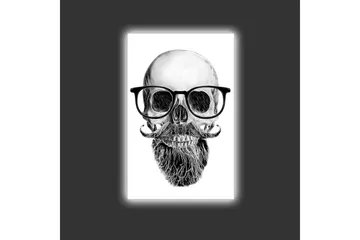 Lerretsbilde med LED-belysning - Hodeskalle med briller og bart - Svart / Grå / Hvit - Interiør - Maleri & posters - Lerretsbilder