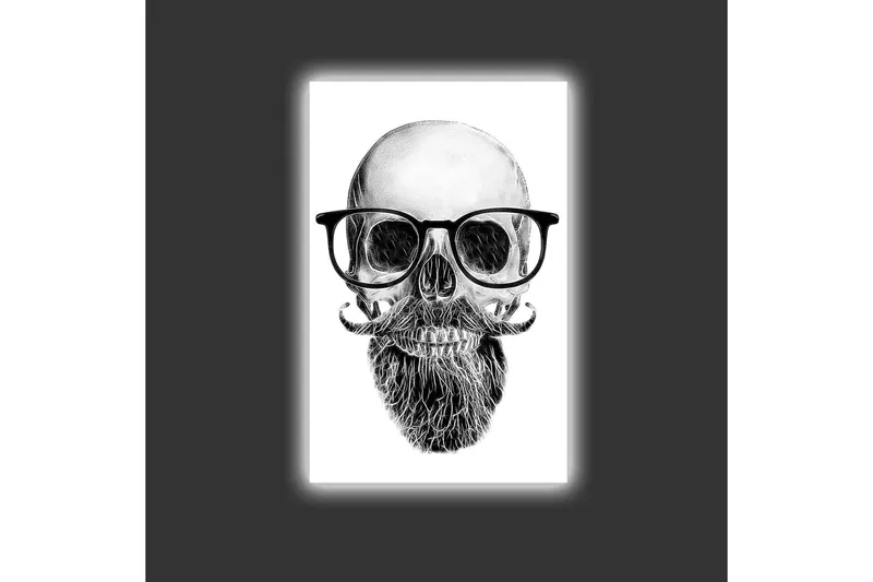 Lerretsbilde med LED-belysning - Hodeskalle med briller og bart - Svart / Grå / Hvit - Interiør - Maleri & posters - Lerretsbilder