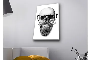 Lerretsbilde med LED-belysning - Hodeskalle med briller og bart - Svart / Grå / Hvit - Interiør - Maleri & posters - Lerretsbilder