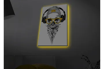Lerretsbilde med LED-belysning - Hodeskalle med hodetelefoner og briller i moderne stil - Svart / Gul / Grå - Interiør - Maleri & posters - Lerretsbilder