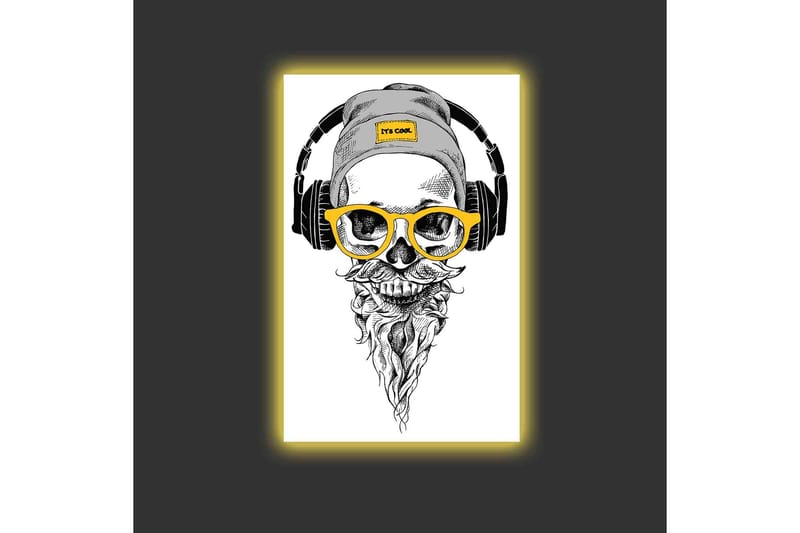 Lerretsbilde med LED-belysning - Hodeskalle med hodetelefoner og briller i moderne stil - Svart / Gul / Grå - Interiør - Maleri & posters - Lerretsbilder