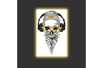 Lerretsbilde med LED-belysning - Hodeskalle med hodetelefoner og briller i moderne stil - Svart / Gul / Grå - Interiør - Maleri & posters - Lerretsbilder