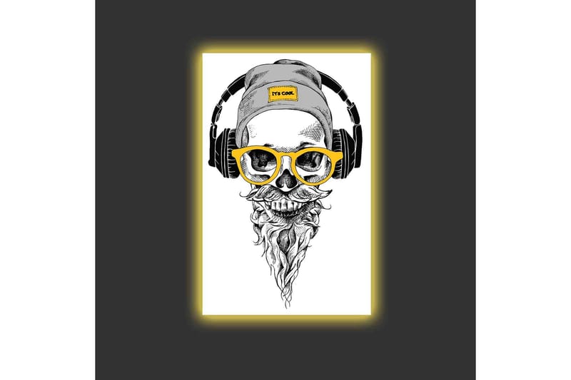Lerretsbilde med LED-belysning - Hodeskalle med hodetelefoner og briller i moderne stil - Svart / Gul / Grå - Interiør - Maleri & posters - Lerretsbilder