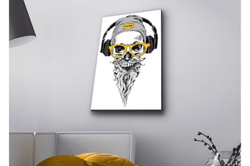 Lerretsbilde med LED-belysning - Hodeskalle med hodetelefoner og briller i moderne stil - Svart / Gul / Grå - Interiør - Maleri & posters - Lerretsbilder