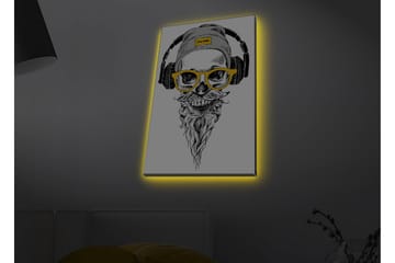 Lerretsbilde med LED-belysning - Hodeskalle med hodetelefoner og briller i moderne stil - Svart / Gul / Grå - Interiør - Maleri & posters - Lerretsbilder