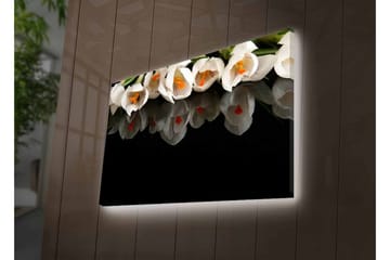 Lerretsbilde med LED-belysning - Hvit blomsterbukett med refleksjon på svart bakgrunn - Hvit / Oransje / Grønn - Interiør - Maleri & posters - Lerretsbilder