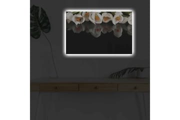 Lerretsbilde med LED-belysning - Hvit blomsterbukett med refleksjon på svart bakgrunn - Hvit / Oransje / Grønn - Interiør - Maleri & posters - Lerretsbilder