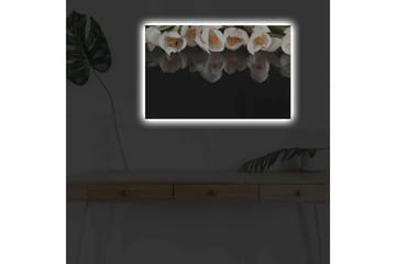 Lerretsbilde med LED-belysning - Hvit blomsterbukett med refleksjon på svart bakgrunn - Hvit / Oransje / Grønn - Interiør - Maleri & posters - Lerretsbilder