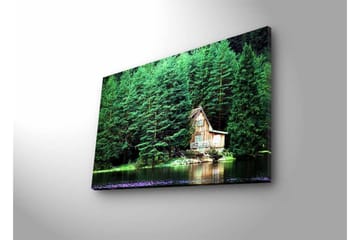 Lerretsbilde med LED-belysning - Hytte ved en speilblank innsjø omgitt av tett grøntområde - Grønn / Brun / Blå - Interiør - Maleri & posters - Lerretsbilder