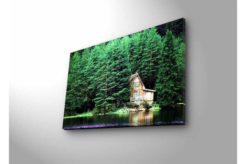 Lerretsbilde med LED-belysning - Hytte ved en speilblank innsjø omgitt av tett grøntområde - Grønn / Brun / Blå - Interiør - Maleri & posters - Lerretsbilder