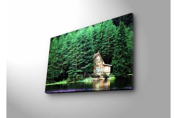 Lerretsbilde med LED-belysning - Hytte ved en speilblank innsjø omgitt av tett grøntområde - Grønn / Brun / Blå - Interiør - Maleri & posters - Lerretsbilder