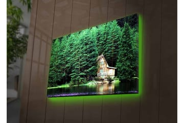 Lerretsbilde med LED-belysning - Hytte ved en speilblank innsjø omgitt av tett grøntområde - Grønn / Brun / Blå - Interiør - Maleri & posters - Lerretsbilder