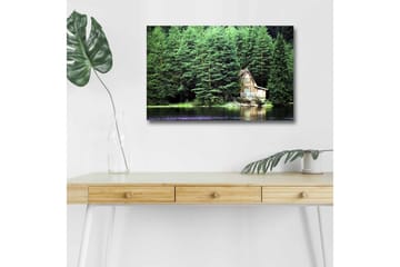 Lerretsbilde med LED-belysning - Hytte ved en speilblank innsjø omgitt av tett grøntområde - Grønn / Brun / Blå - Interiør - Maleri & posters - Lerretsbilder