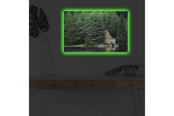 Lerretsbilde med LED-belysning - Hytte ved en speilblank innsjø omgitt av tett grøntområde - Grønn / Brun / Blå - Interiør - Maleri & posters - Lerretsbilder