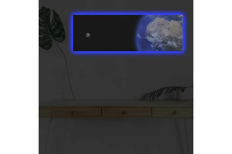 Lerretsbilde med LED-belysning - Jorden sett fra verdensrommet med en måne i bakgrunnen, Blå / Grå / Svart