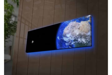Lerretsbilde med LED-belysning - Jorden sett fra verdensrommet med en måne i bakgrunnen - Blå / Grå / Svart - Interiør - Maleri & posters - Lerretsbilder