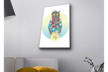 Lerretsbilde med LED-belysning - Katt i sommerklær med blomsterkrans og solbriller - Blå / Grønn / Beige - Interiør - Maleri & posters - Lerretsbilder