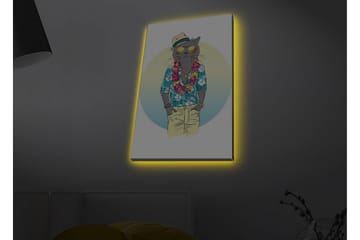 Lerretsbilde med LED-belysning - Katt i sommerklær med blomsterkrans og solbriller - Blå / Grønn / Beige - Interiør - Maleri & posters - Lerretsbilder