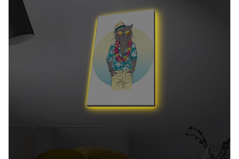 Lerretsbilde med LED-belysning - Katt i sommerklær med blomsterkrans og solbriller, Blå / Grønn / Beige