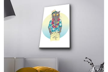 Lerretsbilde med LED-belysning - Katt i sommerklær med blomsterkrans og solbriller - Blå / Grønn / Beige - Interiør - Maleri & posters - Lerretsbilder