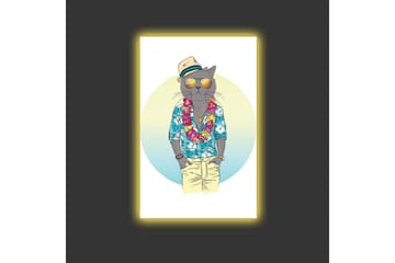 Lerretsbilde med LED-belysning - Katt i sommerklær med blomsterkrans og solbriller - Blå / Grønn / Beige - Interiør - Maleri & posters - Lerretsbilder