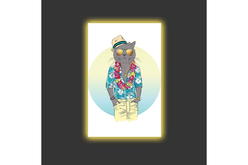 Lerretsbilde med LED-belysning - Katt i sommerklær med blomsterkrans og solbriller - Blå / Grønn / Beige - Interiør - Maleri & posters - Lerretsbilder