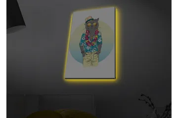 Lerretsbilde med LED-belysning - Katt i sommerklær med blomsterkrans og solbriller - Blå / Grønn / Beige - Interiør - Maleri & posters - Lerretsbilder