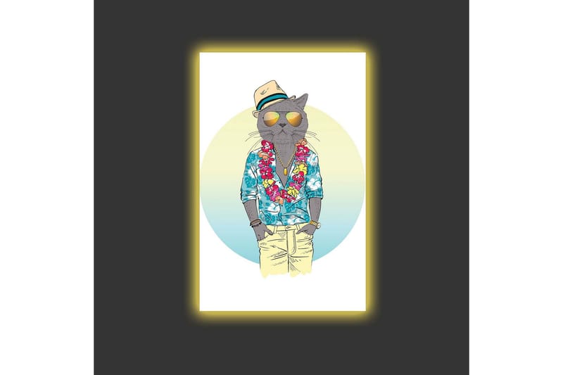 Lerretsbilde med LED-belysning - Katt i sommerklær med blomsterkrans og solbriller - Blå / Grønn / Beige - Interiør - Maleri & posters - Lerretsbilder