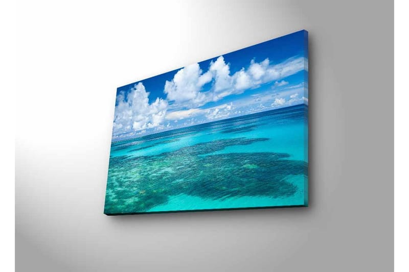 Lerretsbilde med LED-belysning - Klarblå havutsikt med korallrev og hvite skyer - Blå / Turkis / Hvit - Interiør - Maleri & posters - Lerretsbilder