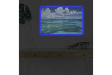 Lerretsbilde med LED-belysning - Klarblå havutsikt med korallrev og hvite skyer - Blå / Turkis / Hvit - Interiør - Maleri & posters - Lerretsbilder