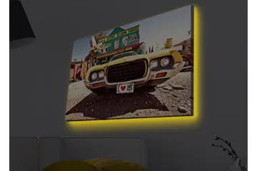 Lerretsbilde med LED-belysning - Klassisk amerikansk bil i retrostil - Gul / Grå / Svart - Interiør - Maleri & posters - Lerretsbilder