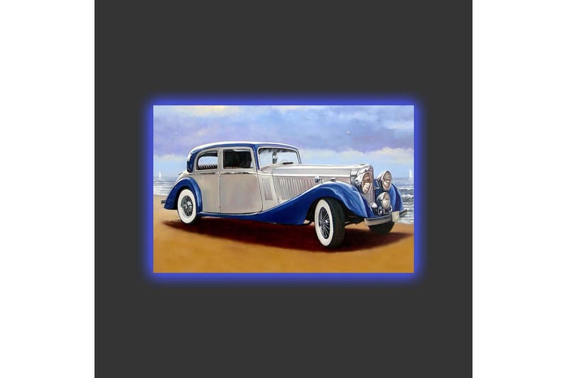 Lerretsbilde med LED-belysning - Klassisk bil ved sjøen med en dramatisk himmel i bakgrunnen - Blå / Sølv / Beige - Interiør - Maleri & posters - Lerretsbilder