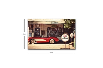 Lerretsbilde med LED-belysning - Klassisk rød sportsbil foran en vintage bensinstasjon - Rød / Grå / Hvit - Interiør - Maleri & posters - Lerretsbilder
