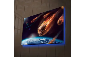 Lerretsbilde med LED-belysning - Komet som treffer jorden i et dramatisk romscene - Mørk blå / Oransje / Grå - Interiør - Maleri & posters - Lerretsbilder