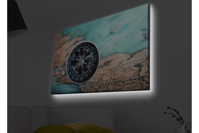 Lerretsbilde med LED-belysning - Kompass på et gammelt kart med et maritimt tema, Turkis / Brun / Svart
