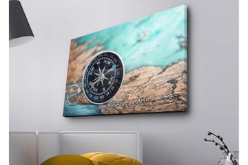 Lerretsbilde med LED-belysning - Kompass på et gammelt kart med et maritimt tema - Turkis / Brun / Svart - Interiør - Maleri & posters - Lerretsbilder