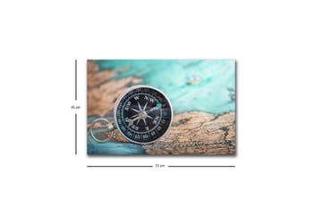 Lerretsbilde med LED-belysning - Kompass på et gammelt kart med et maritimt tema - Turkis / Brun / Svart - Interiør - Maleri & posters - Lerretsbilder
