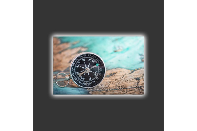 Lerretsbilde med LED-belysning - Kompass på et gammelt kart med et maritimt tema - Turkis / Brun / Svart - Interiør - Maleri & posters - Lerretsbilder